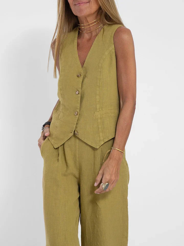 Dames Set Met Vest - Lichtgewicht stof - Knoopsluiting - Elegante stijl