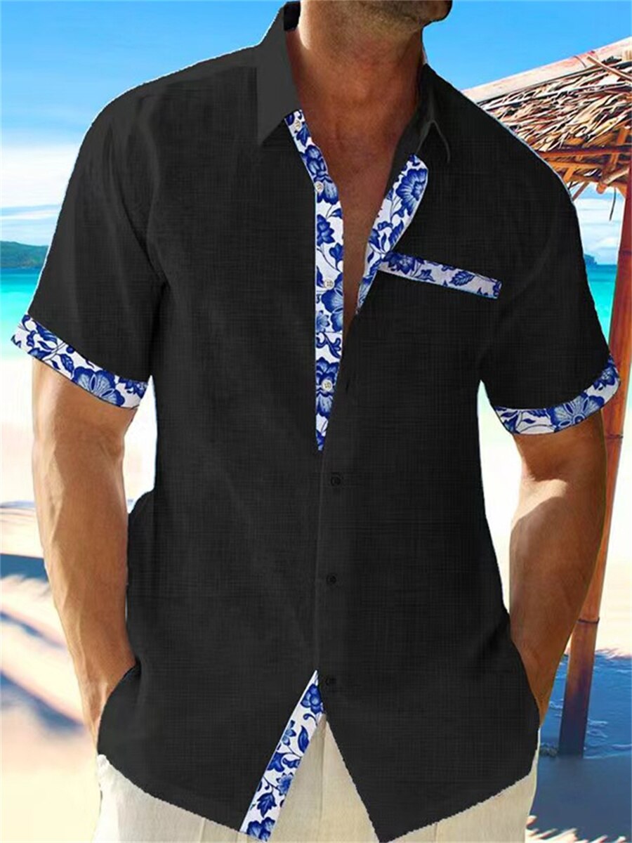 Heren Shirt - Korte Mouwen - Ademend Linnen - Casual Fit - Bloemen-3