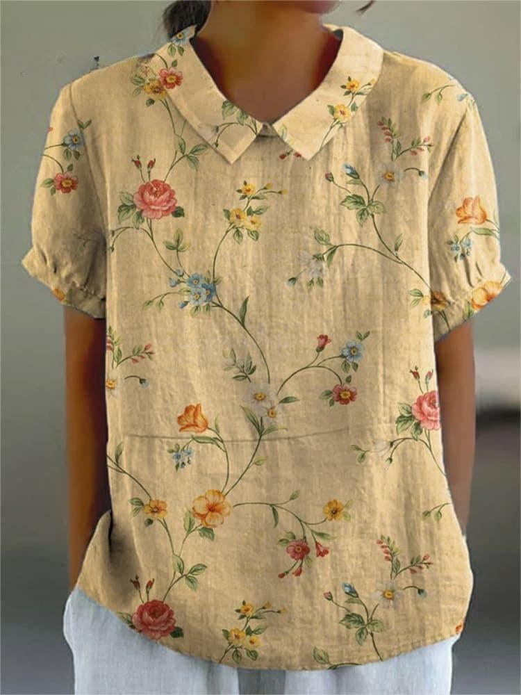 Dames T Shirt - Bloemenprint - Katoen-Linnen - Retro Stijl - Casual Tops-1